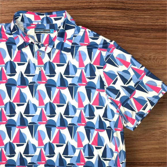 Roundtree & Yorke Performance Men’s Polo. Pink & Blue Sailboats. Size XL. - Picture 3 of 9